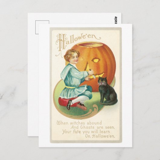 Altmodisches Halloween, Mädchen mit schwarzer Katz Postkarte (Vorne/Hinten)