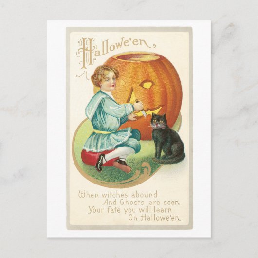 Altmodisches Halloween, Mädchen mit schwarzer Katz Postkarte (Vorderseite)