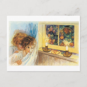 Altmodisches Halloween, Mädchen treffen auf Hexe Postkarte