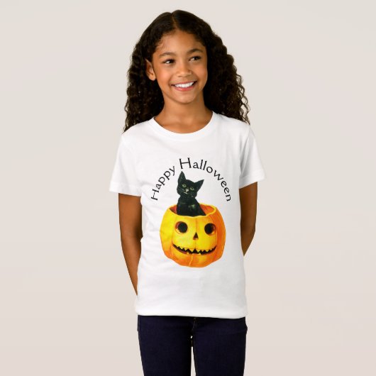 Altmodisches Halloween, Schwarze Katze am Kürbis T-Shirt (Vorne ganz)