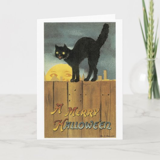 Altmodisches Halloween, Schwarze Katze & Vollmond Karte (Vorderseite)