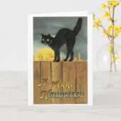 Altmodisches Halloween, Schwarze Katze & Vollmond Karte (Gelbe Blume)