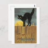 Altmodisches Halloween, Schwarze Katze & Vollmond Postkarte (Vorne/Hinten)