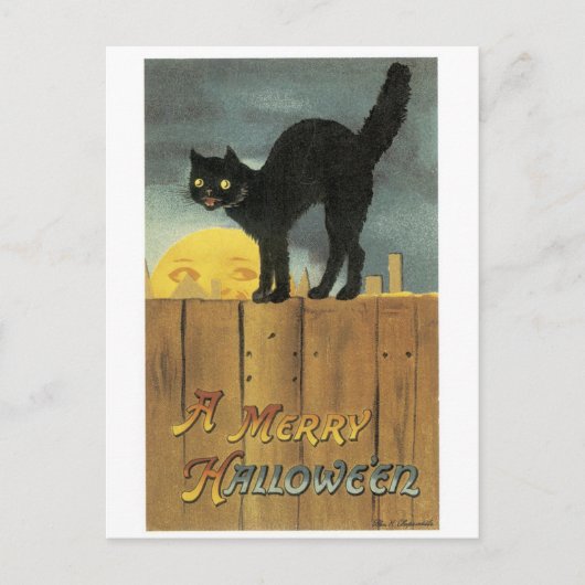 Altmodisches Halloween, Schwarze Katze & Vollmond Postkarte (Vorderseite)