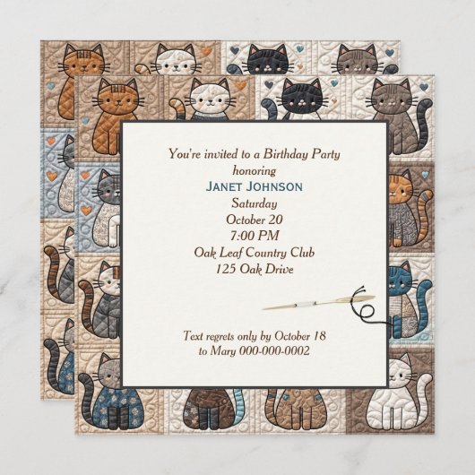 Altmodisches Patchwork Cat Quilt Einladung (Vorne/Hinten)