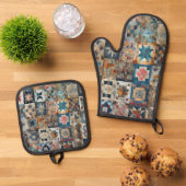 Altmodisches Patchwork Quilt Design Ofenhandschuh & Topflappen-Set (Oben Unten)