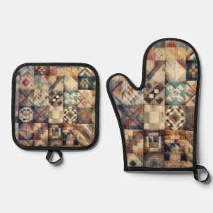 Altmodisches Patchwork Quilt Design Ofenhandschuh & Topflappen-Set