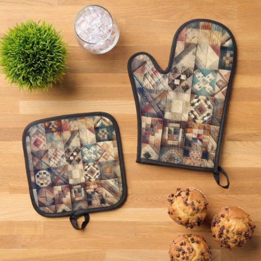 Altmodisches Patchwork Quilt Design Ofenhandschuh & Topflappen-Set (Oben Unten)