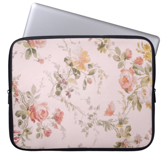 Altmodisches rosafarbenes Blumenpapier Laptopschutzhülle (Vorderseite)