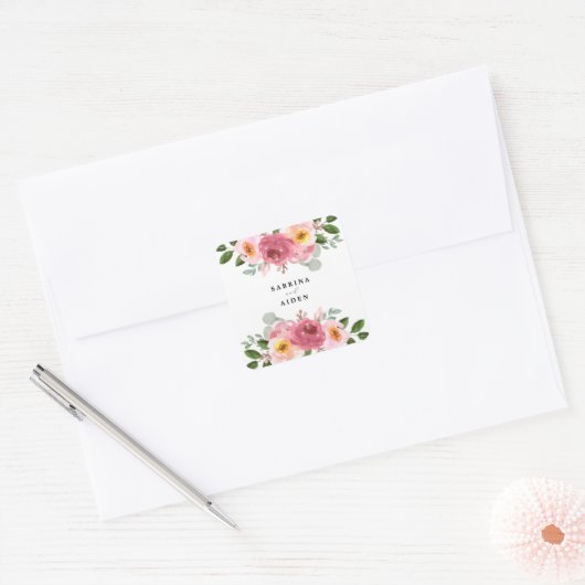 Altrosa | Blush Pink Floral Wedding Square Sti Quadratischer Aufkleber (Umschlag)