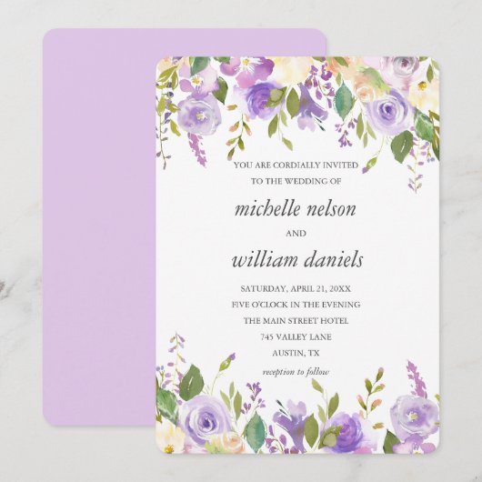 Altrosa | Chic Lavender Watercolor Floral Wedding Einladung (Vorne/Hinten)
