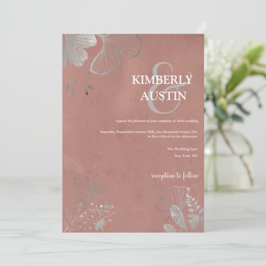 Altrosa | Einladung zur Hochzeit von Silver Floral (Stehend Vorderseite)