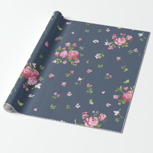 Altrosa Rosen Blumenmuster Navyblau Geschenkpapier