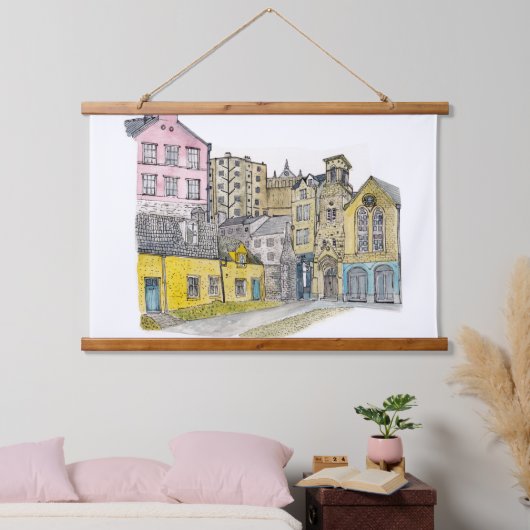 Altstadt Edinburgh Aquarelle Wandteppich Mit Holzrahmen (Schlafzimmer)