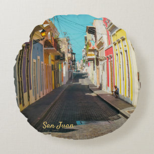 Altstadt von San Juan Kopfsteinpflaster-Straßenfot Rundes Kissen