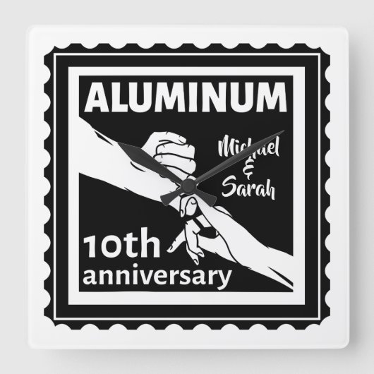 ALUMINUM Traditionelles 10-jähriges Hochzeitsstipe Quadratische Wanduhr (Vorderseite)