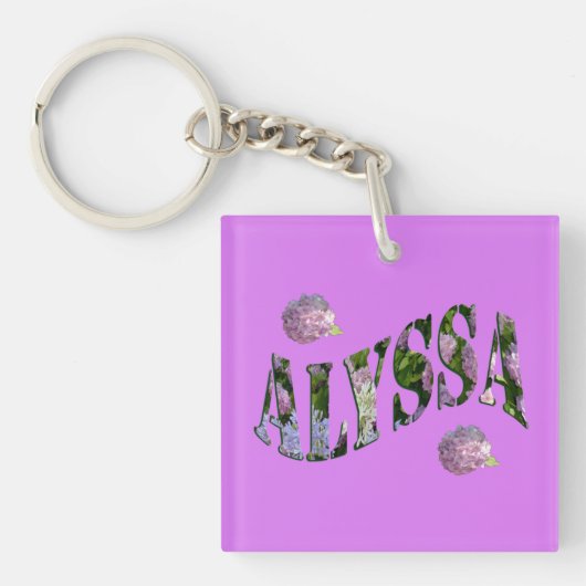 Alyssa, Logo für Namen, hergestellt mit Hydrangeas Schlüsselanhänger (Vorderseite)