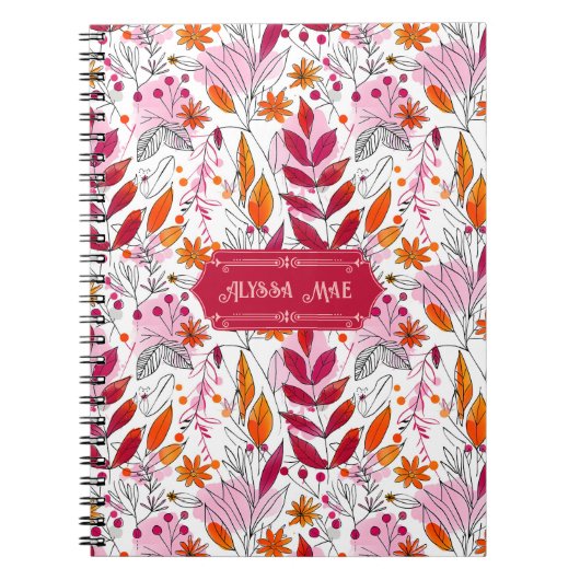Alyssa Mae Hand Drawn Pink und Orange Foliage Notizblock (Vorderseite)