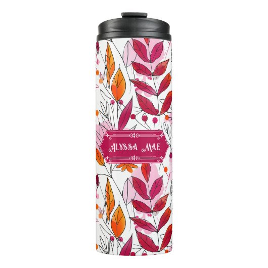 Alyssa Mae Hand Drawn Pink und Orange Foliage Thermosbecher (Vorderseite)