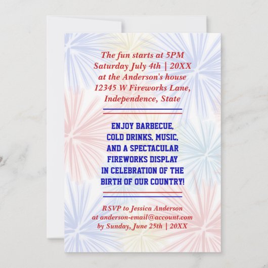 Am 4. Juli GRILLEN über Feuerwerke | PARTY Einladung (Rückseite)
