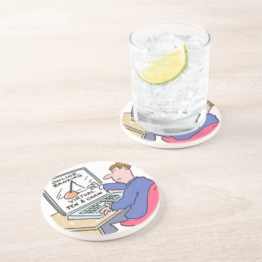 Am Computer Online Banking Funny Cartoon Getränkeuntersetzer (Seite)