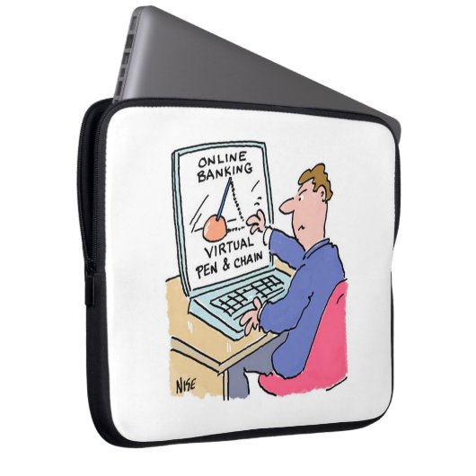 Am Computer Online Banking Funny Cartoon Laptopschutzhülle (Vorne Rechts)