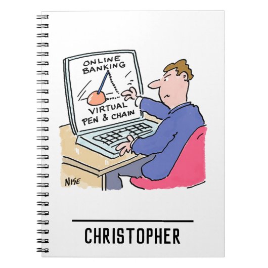 Am Computer Online Banking Funny Cartoon Notizblock (Vorderseite)