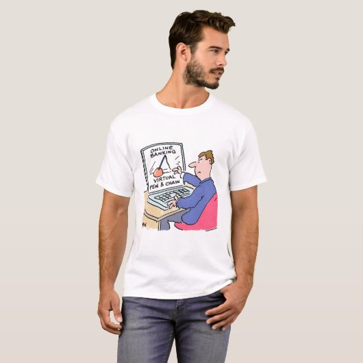 Am Computer Online Banking Funny Cartoon T-Shirt (Vorne ganz)