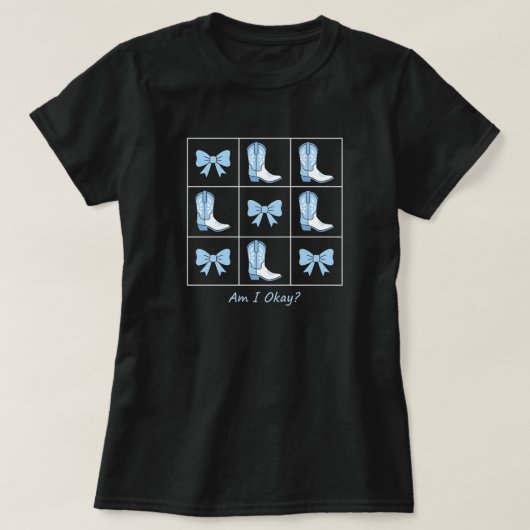 Am I Okay Blue Boots and Bows Grid Art T-Shirt (Design vorne)