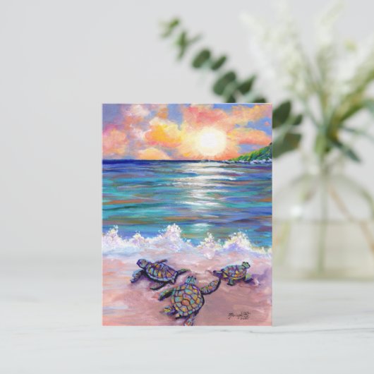 Am Strand mit Baby Sea Turtles Postkarte (Stehend Vorderseite)