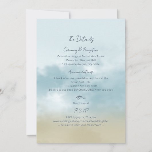 Am Ufer des Ozeansurfstrands, alles in einer Hochz Einladung (Rückseite)