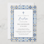 Amalfi Blaue Gelbe Tile Mittelmeer Taufe Einladung (Vorderseite)