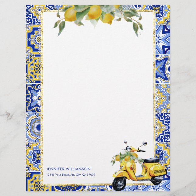 Amalfi Blue Tile Italienischer Scooter Lemons Capr Briefbogen (Vorderseite)