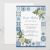 Amalfi Blue Tile Mediterranean Lemon Wedding Einladung (Vorne/Hinten)