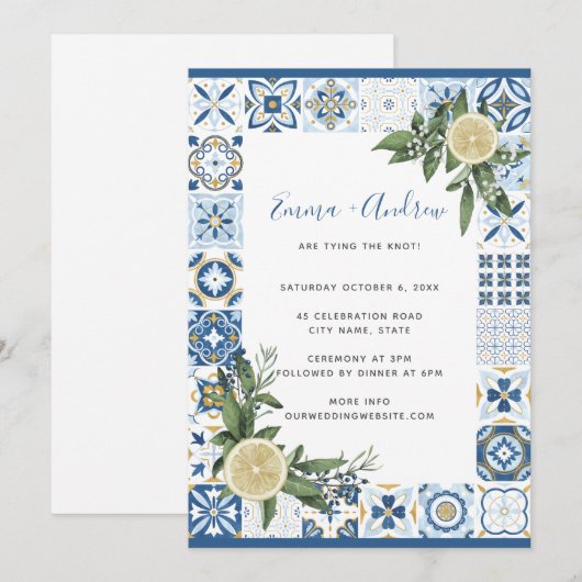 Amalfi Blue Tile Mediterranean Lemon Wedding Einladung (Vorne/Hinten)