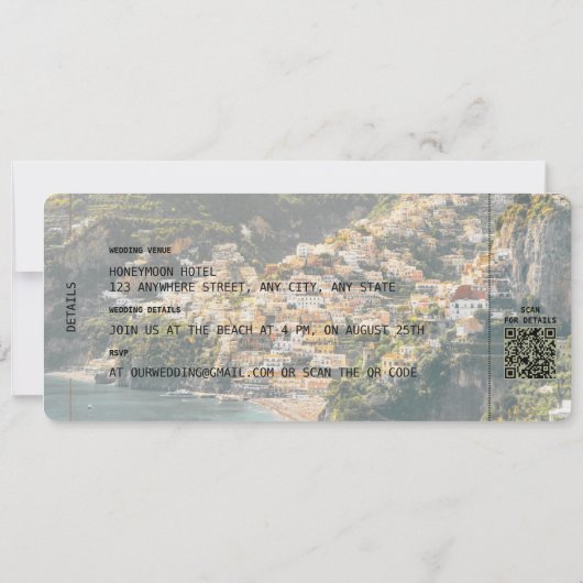 AMALFI Boarding Pass Hochzeit in Urlaubsort QR-Cod Einladung (Rückseite)