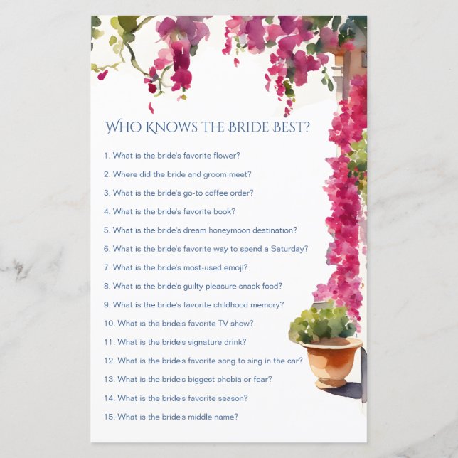 Amalfi bridal shower games who knows bride best (Vorderseite)