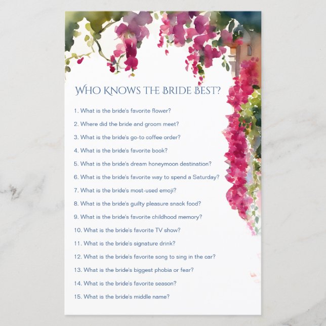 Amalfi bridal shower games who knows bride best (Vorderseite)