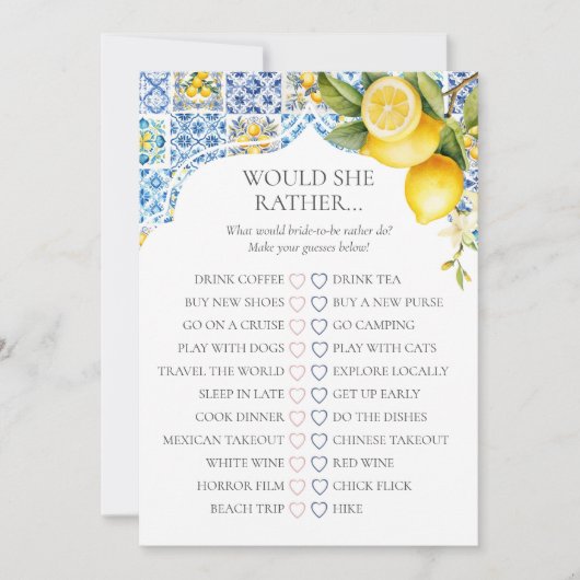 Amalfi Coast Bridal Shower Would She Rather Game Einladung (Vorderseite)