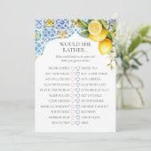 Amalfi Coast Bridal Shower Would She Rather Game Einladung (Stehend Vorderseite)