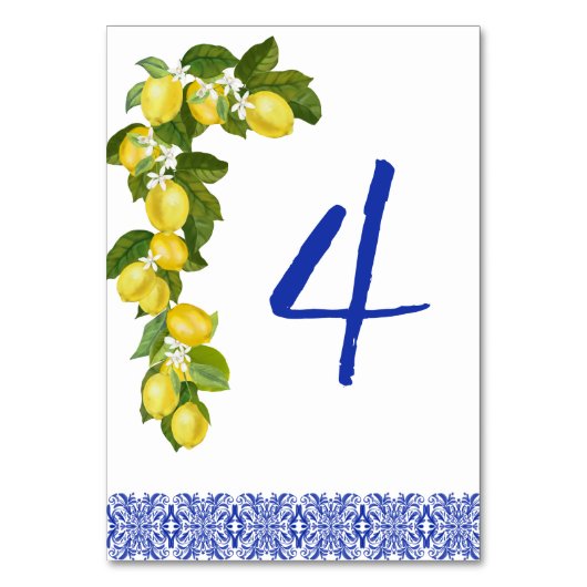 Amalfi Coast I Italian Lemon & Blue Tile Details Tischnummer (Vorderseite)