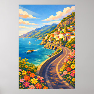 Amalfi Coast Italy Riviera Vintage Travel Poster