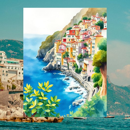 Amalfi Coast Italy Watercolor Italian Coastal Postkarte