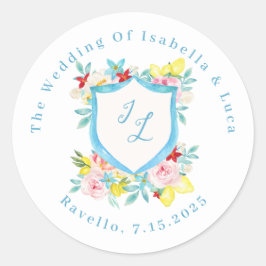 Amalfi Coast Mediterrane Monogram Wappen Hochzeit Runder Aufkleber