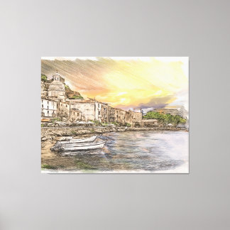 Amalfi coast village sketch with boats at sunset leinwanddruck
