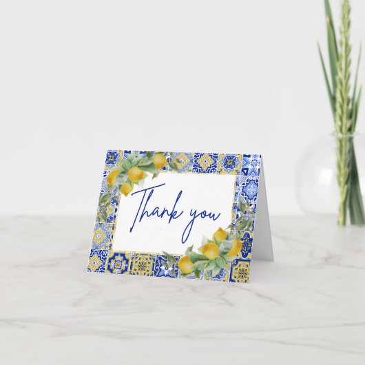 Amalfi Italian Blue Tile Citrus Lemon Script Dankeskarte (Vorderseite)