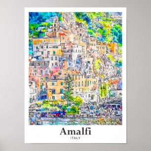 Amalfi Italien Reise Wasserfarbe Handgezeichnet Poster