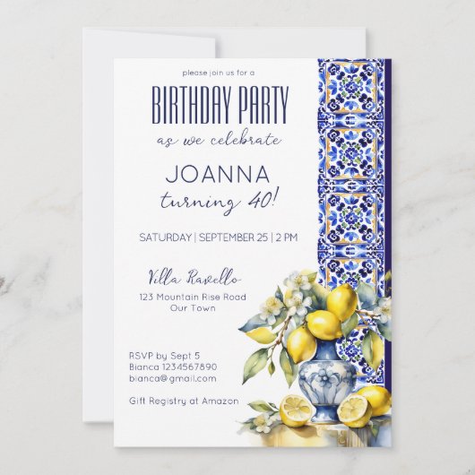 Amalfi Italienisch blaue Fliesen Zitronen Geburtst Einladung (Vorderseite)