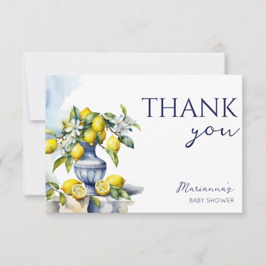 Amalfi Italienische blaue Vase Zitronen Babydusche Dankeskarte (Vorderseite)