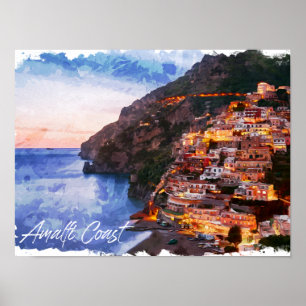 Amalfi-Küste Italien Aquarell Küstenlinie Positano Poster